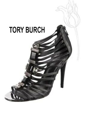 Tory Burch Leather Crystal Emblellishment Black Heel Shoe